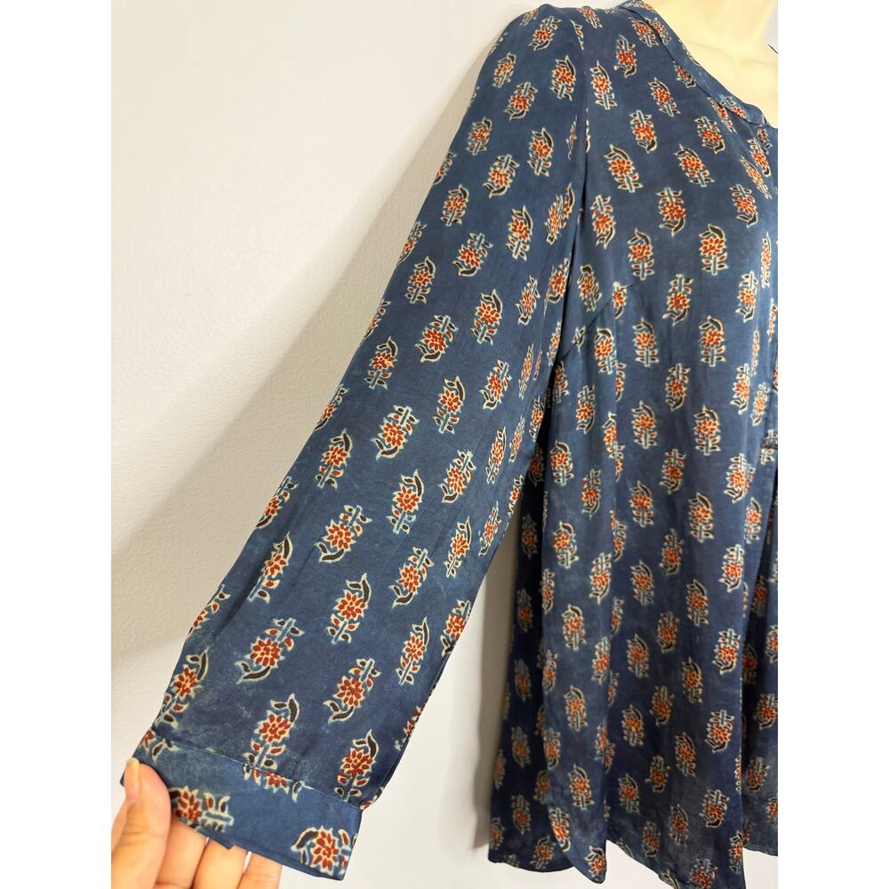 FOLKSONG Tunic Top Blue Floral Block Print Long Sleeve Boho Blouse Sz M - Picture 5 of 16